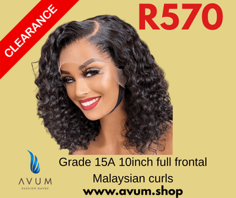 Full frontal 10inch Malaysian curls, Grade 15A hair, on clearance for R570 at Avum Fashion Haven.