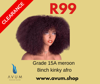 Meroon 8-inch fringe kinky Afro wig on sale for R99, Grade 15A quality, available at Avum Fashion Haven.