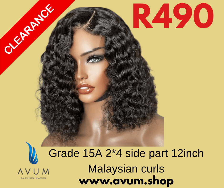 Clearance on 12 inch side part Malaysian curls, Grade 15A hair by Avum Fashion Haven, priced at R490.