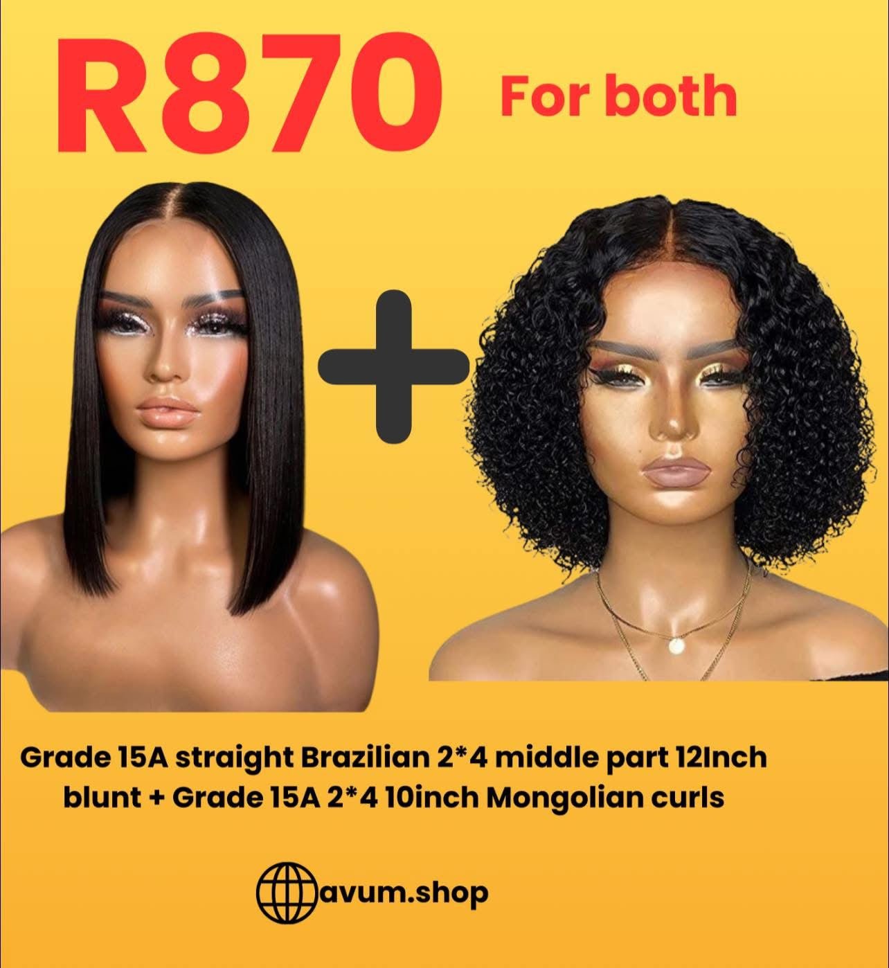 Straight middle part 12inch blunt+ middle part 10inch Mongolian curls - Avum Fashion Haven